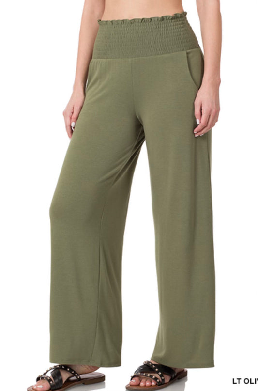 Olive Green Smocked Waist Pants